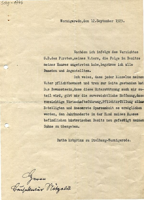 Erklärung des Fürsten Botho zu Stolberg- Wernigerode (1893-1989) (Schloß Wernigerode GmbH RR-F)