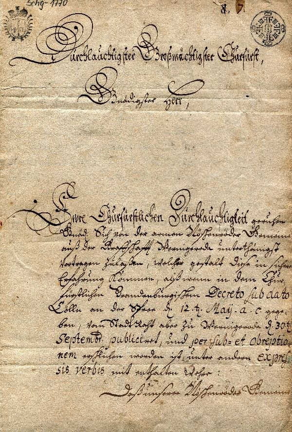 Eingabe der Bürger von Nöschenrode an Kurfürst Friedrich III. von Brandenburg (Schloß Wernigerode GmbH RR-F)
