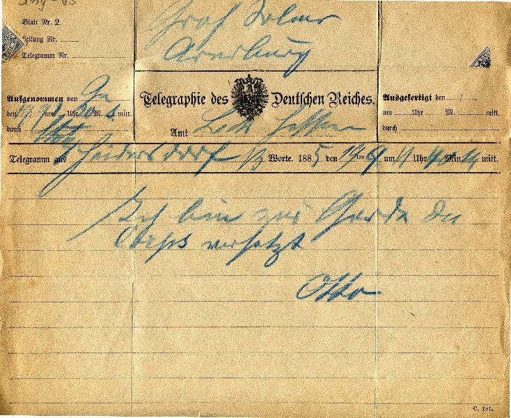 ...dorf 19.09.1885 Telegr.: Otto an Grafen Solms-Laubach (Schloß Wernigerode GmbH RR-F)