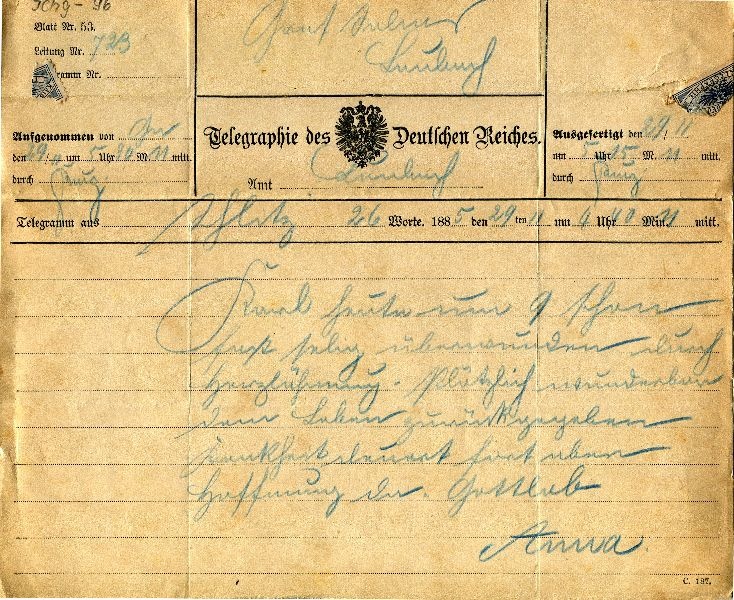 Telegr.: Schleiz 29.11.1885 Anna an Graf Solms-Laubach (Schloß Wernigerode GmbH RR-F)