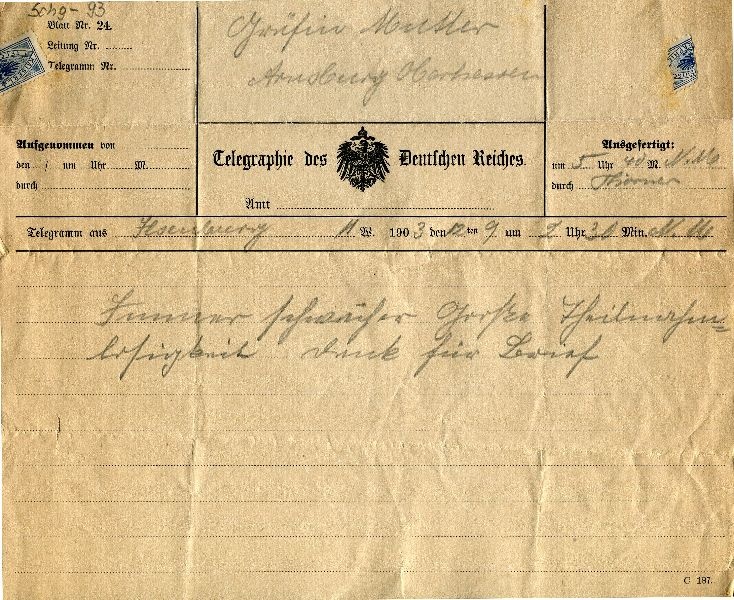 Telegramm aus Ilsenburg an Mutter Arnsburg (Schloß Wernigerode GmbH RR-F)