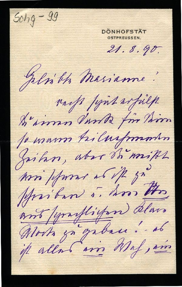 Donhofstät/Ostpreußen 21.08.1890 Else Stolberg an Marianne (Schloß Wernigerode GmbH RR-F)