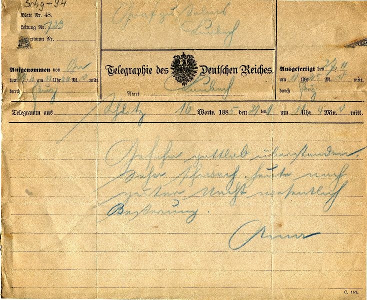 Schleitz 27.11.1885 Telegr.: Anna an Grafen Solms-Laubach (Schloß Wernigerode GmbH RR-F)
