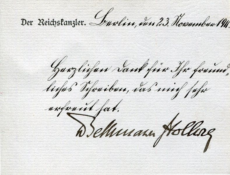 Kurzes Schreiben des Reichskanzlers von Bethmann-Holweg an Frau Anne Bauer-Stober (Schloß Wernigerode GmbH RR-F)