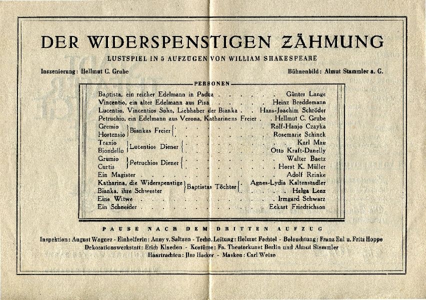 Stadttheater Wernigerode Winterspielzeit 1948/49 "Der Widerspenstigen Zähmung" (Schloß Wernigerode GmbH RR-F)