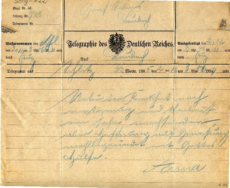 Telegr.: Schleitz 02.12.1885 Anna an Graf Solms-Laubach (Schloß Wernigerode GmbH RR-F)