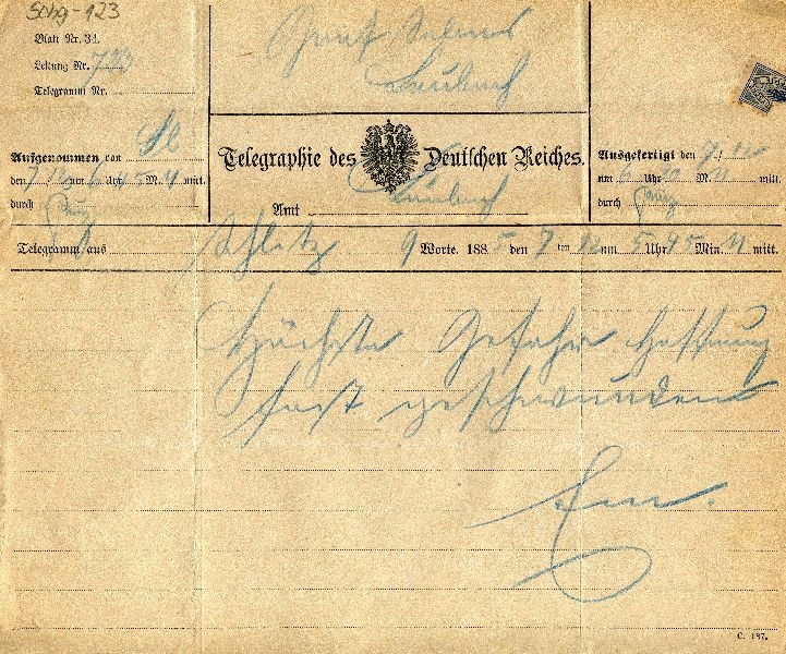 Telegr.: Schleitz 07.12.1885 E... an Graf Solms-Laubach (Schloß Wernigerode GmbH RR-F)