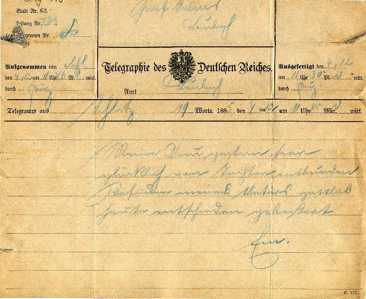 Telegr.: Schleitz 04.12.1885 E... an Graf Solms-Laubach (Schloß Wernigerode GmbH RR-F)