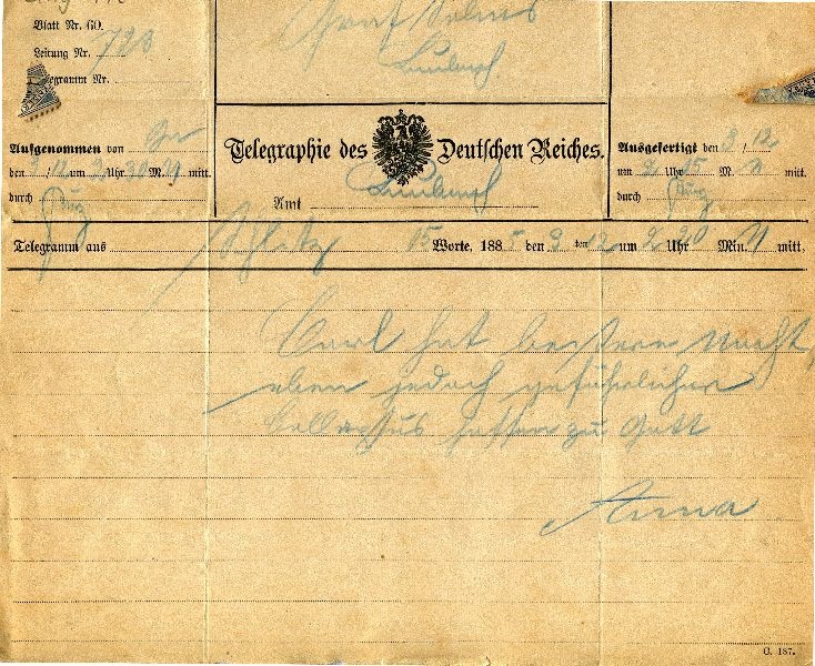 Telegr.: Schleitz 09.12.1885 Anna an Graf Solms-Laubach (Schloß Wernigerode GmbH RR-F)