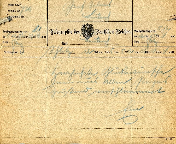 Telegr.: Schleitz 05.12.1885 E... an Graf Solms-Laubach (Schloß Wernigerode GmbH RR-F)