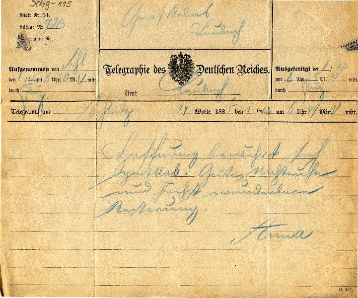 Telegr.: 01.12.1885 Schleitz Anna an Graf Solms-Laubach (Schloß Wernigerode GmbH RR-F)