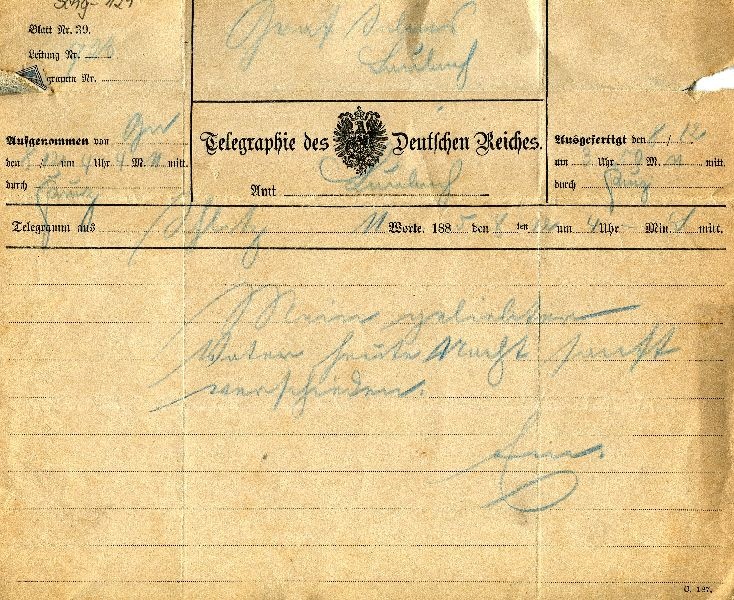 Telegr.: Schleiz 08.12.1885 E... an Graf Solms-Laubach (Schloß Wernigerode GmbH RR-F)
