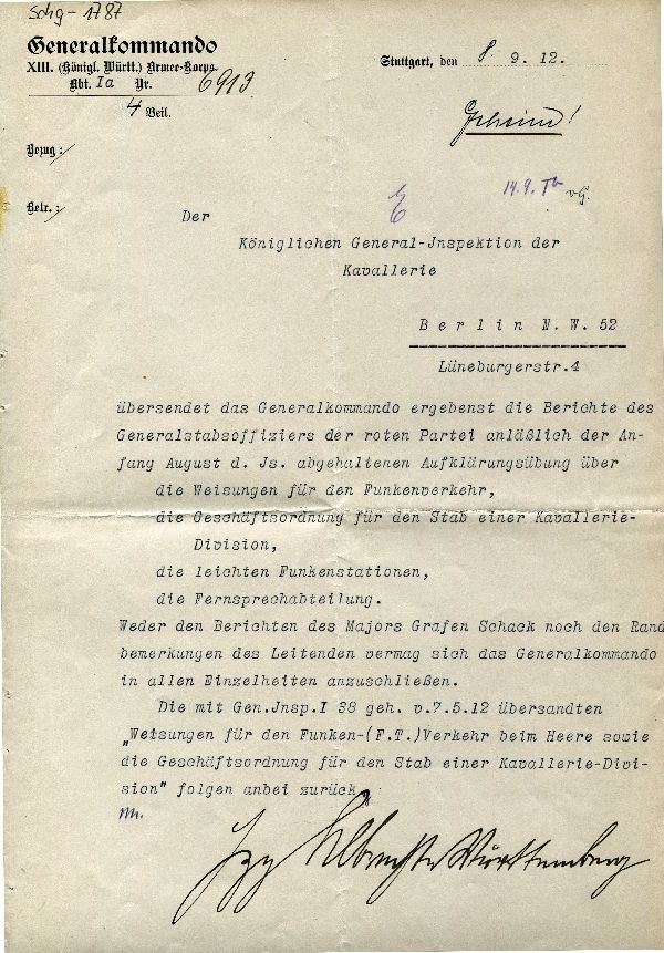 Generalkommando XIII. (Königl. Württ.)Herzog Albrecht von Württemberg an Königliche Inspection der Kavallerie (Schloß Wernigerode GmbH RR-F)