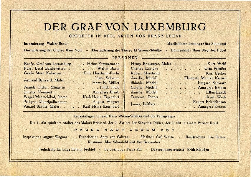 Stadttheater Wernigerode, Winterspielzeit 1949/49 "Der Graf von Luxemburg" (Schloß Wernigerode GmbH RR-F)
