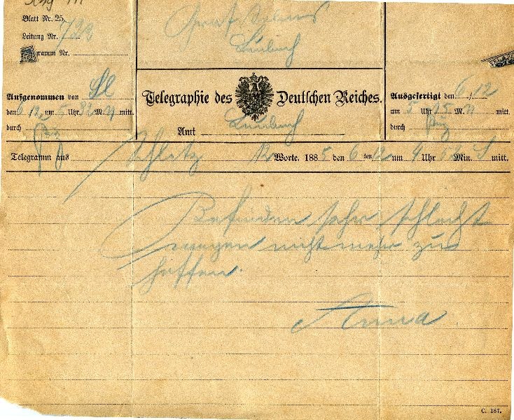 Telegr.: Schleitz 06.12.1885 Anna an Graf Solms-Laubach (Schloß Wernigerode GmbH RR-F)