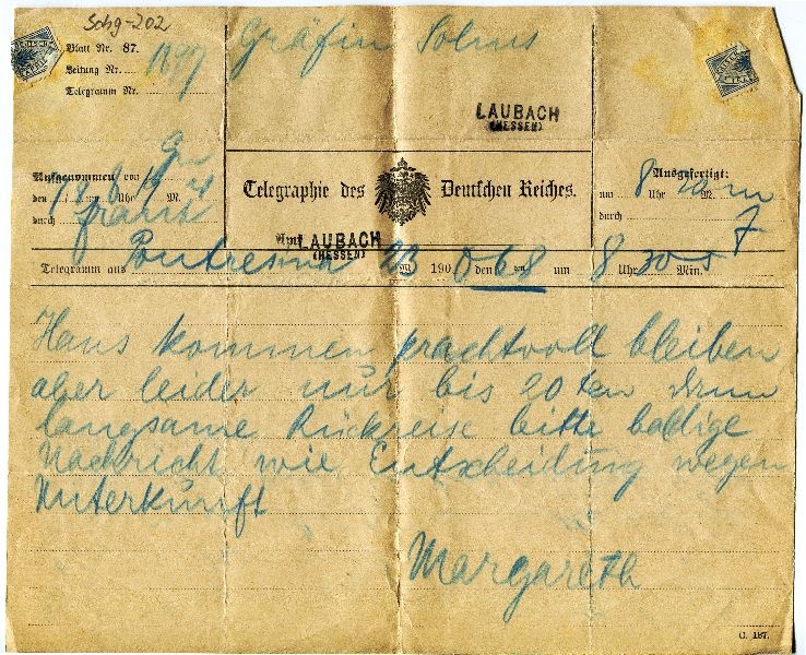 Telegr. aus Poutresina 06.08.1900 an Gräfin Solms (Schloß Wernigerode GmbH RR-F)