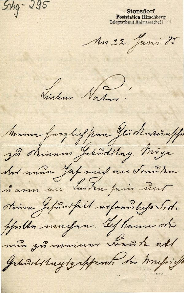 Stonsdorf 22. Juni 1885 Sohn Heine an Vater (Schloß Wernigerode GmbH RR-F)