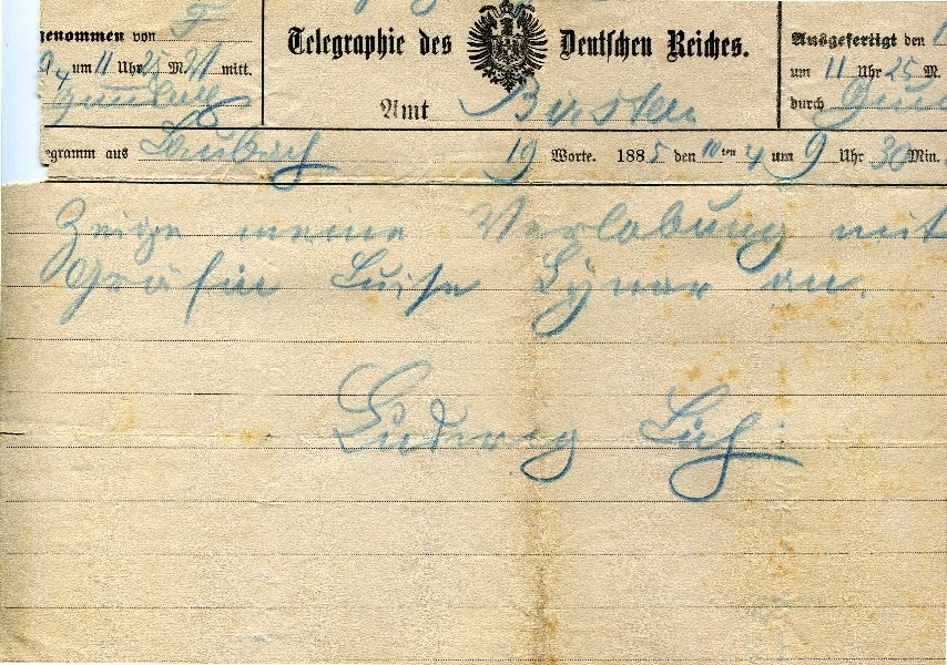 Birsten 10.04.1885 Telegr. an Grafen Solms-Laubach (Schloß Wernigerode GmbH RR-F)