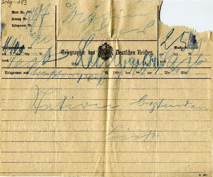 Straßburg 11.12.1897 Telegr.: Friedrich an Gräfin Laubach (Schloß Wernigerode GmbH RR-F)