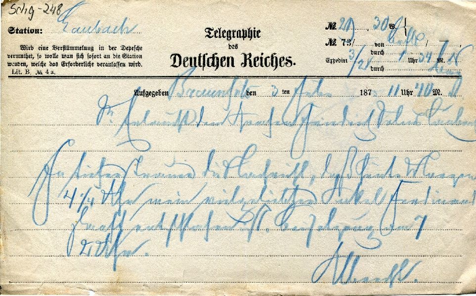 Telegr., Braufels d. 03. ? 1873 an den Grafen Friedrich Solms-Laubach (Schloß Wernigerode GmbH RR-F)