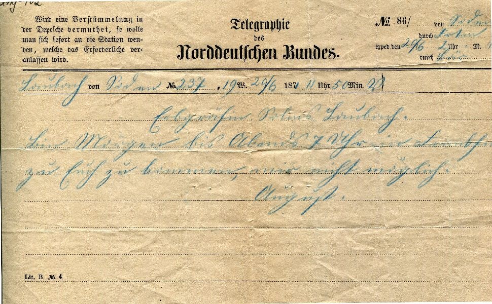Telegr.: v. 20.06.1871 an Erbgräfin Solms-Laubach von August (Schloß Wernigerode GmbH RR-F)