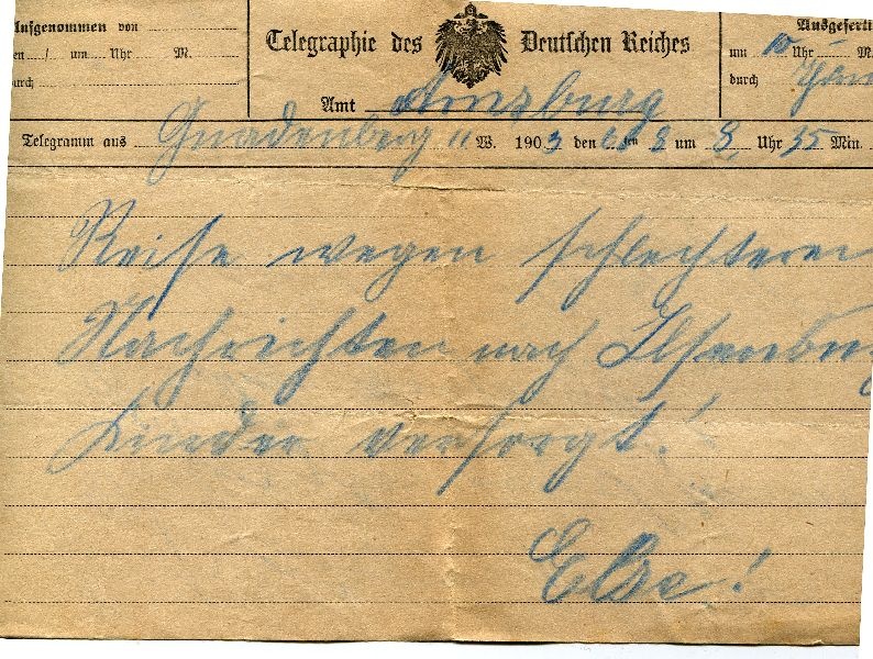 Telegr.: Gnadenberg 06.08.1903 Else an Gräfin Mutter (Schloß Wernigerode GmbH RR-F)