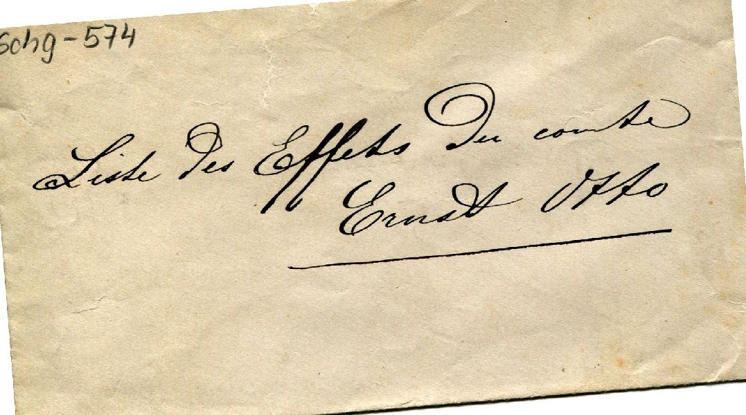 Kuvert, Aufschrift: Liste des Effets du comte Ernst Otto (Schloß Wernigerode GmbH RR-F)
