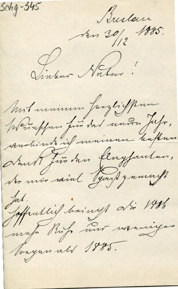 Bunzlau d. 30.12.1885 Sohn Heinz an Vater (Schloß Wernigerode GmbH RR-F)