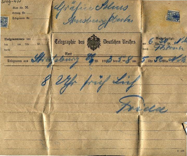 Telegr.: an Gräfin Solms Arnsburg an Straßburg am 05.08.1903 (Schloß Wernigerode GmbH RR-F)