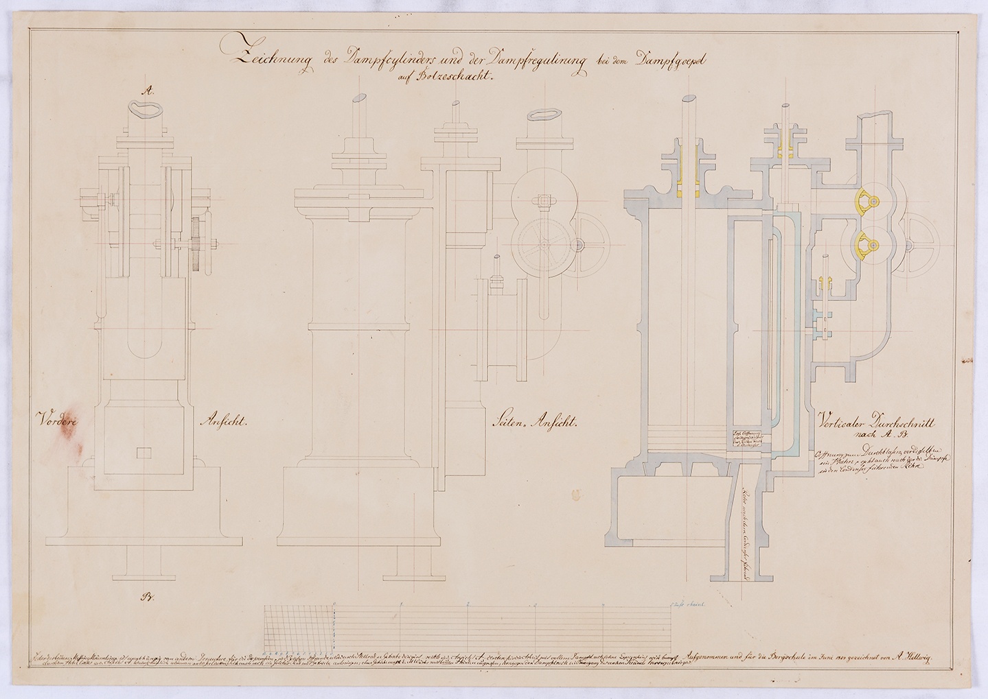 Zeichnung des Dampfcylinders und der Dampfregulierung bei dem Dampfgoepel auf Bolzeschacht. (Mansfeld-Museum im Humboldt-Schloss CC BY-NC-SA)