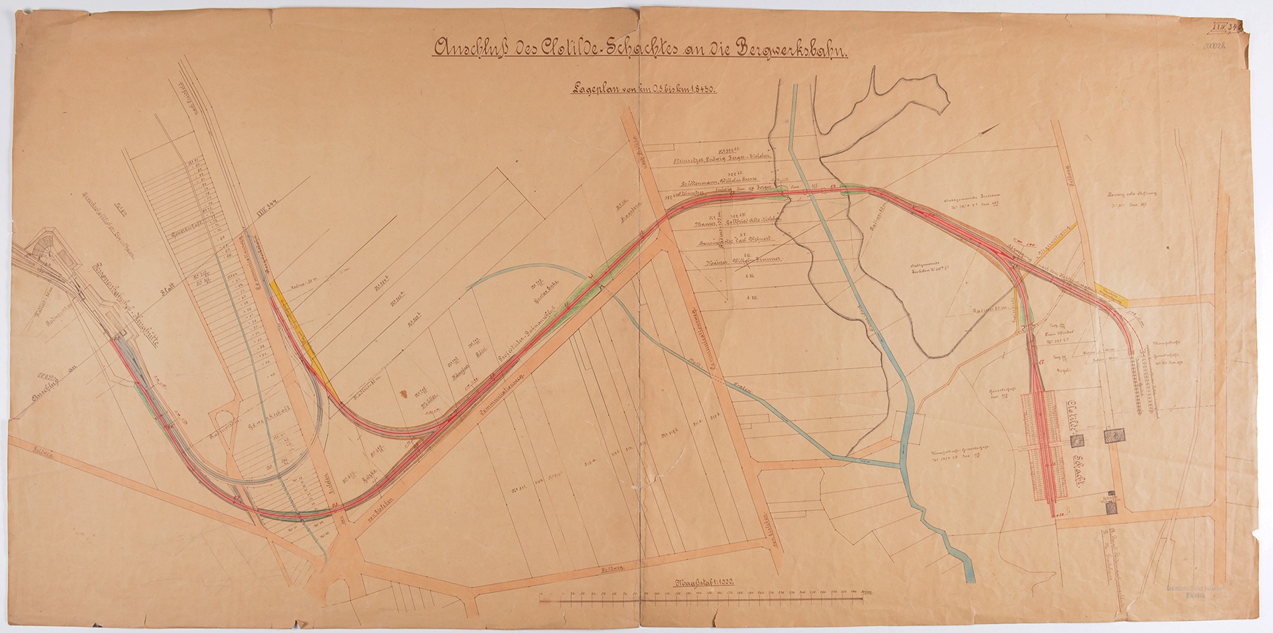 Anschluß des Clotilde-Schachtes an die Bergwerksbahn. Lageplan von km 0,5 bis km 1,8 + 5,0. (Mansfeld-Museum im Humboldt-Schloss CC BY-NC-SA)