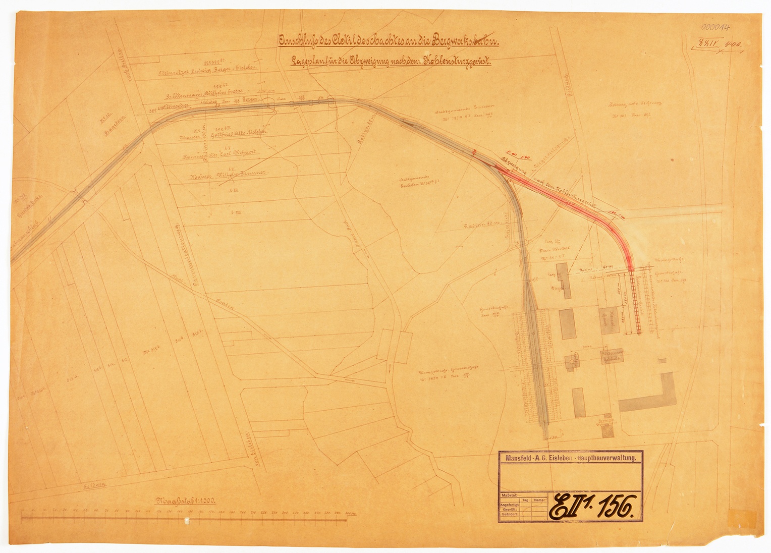 Anschluss des Clotildeschachtes an die Bergwerksbahn. Lageplan für die Abzweigung nach dem Kohlensturzgerüst. (Mansfeld-Museum im Humboldt-Schloss CC BY-NC-SA)