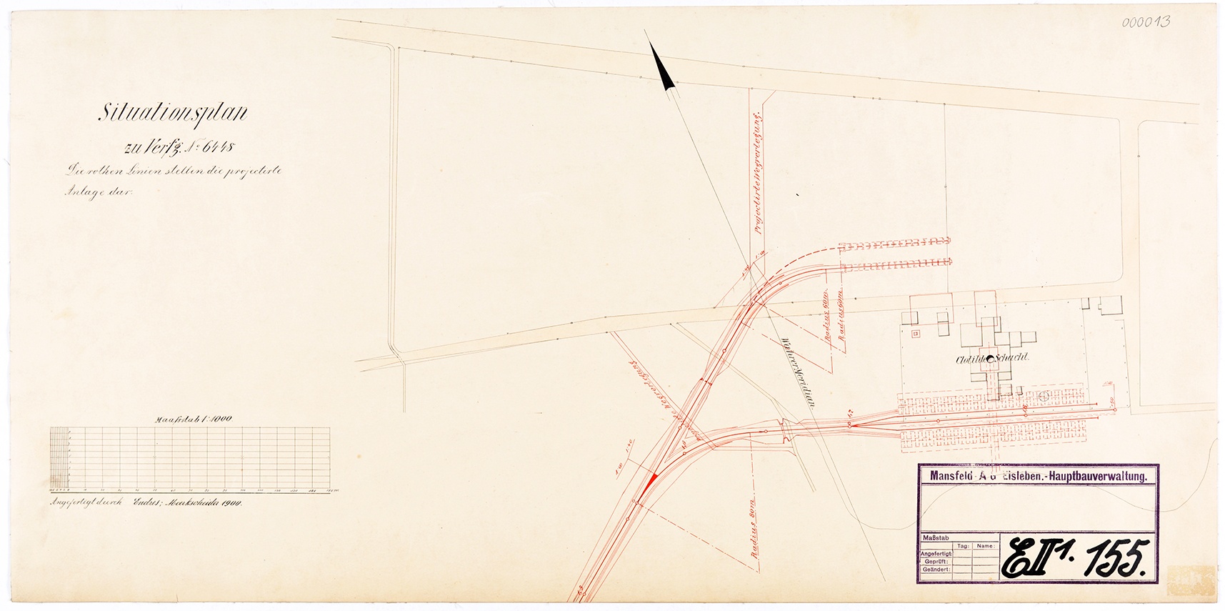 Situationsplan zu Verfg. No. 6448. Die rothen Linien stellen die projectirte Anlage dar (Mansfeld-Museum im Humboldt-Schloss CC BY-NC-SA)