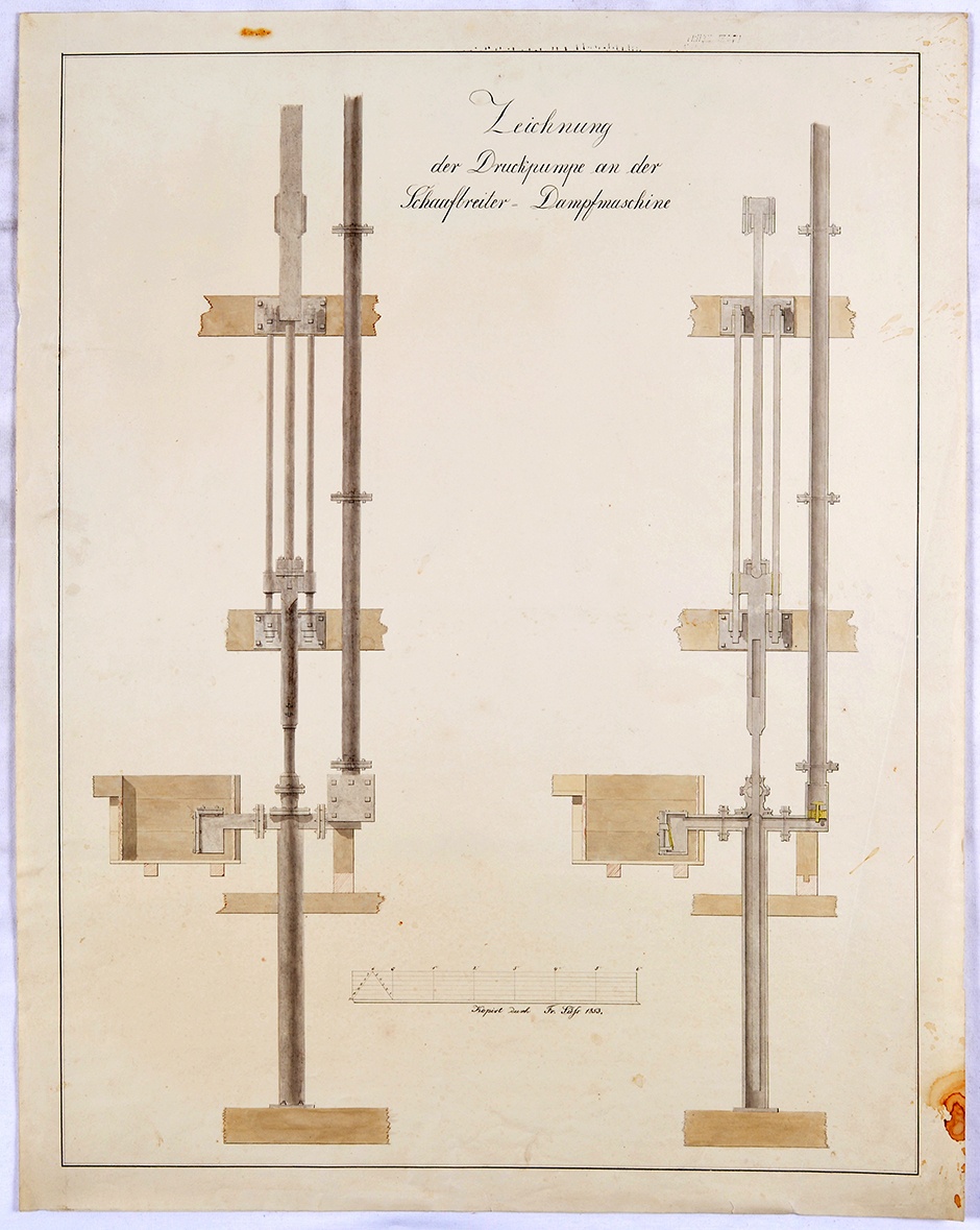 Zeichnung der Druckpumpe an der Schaafbreiter Dampfmaschine kopiert durch Fr. Süss 1853. (Mansfeld-Museum im Humboldt-Schloss CC BY-NC-SA)