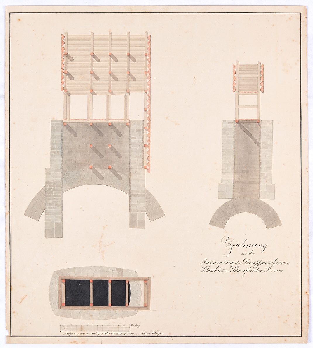 Zeichnung von der Ausmauerung des Dampfmaschinen-Schachtes im Schaafbreiter Revier. (Mansfeld-Museum im Humboldt-Schloss CC BY-NC-SA)