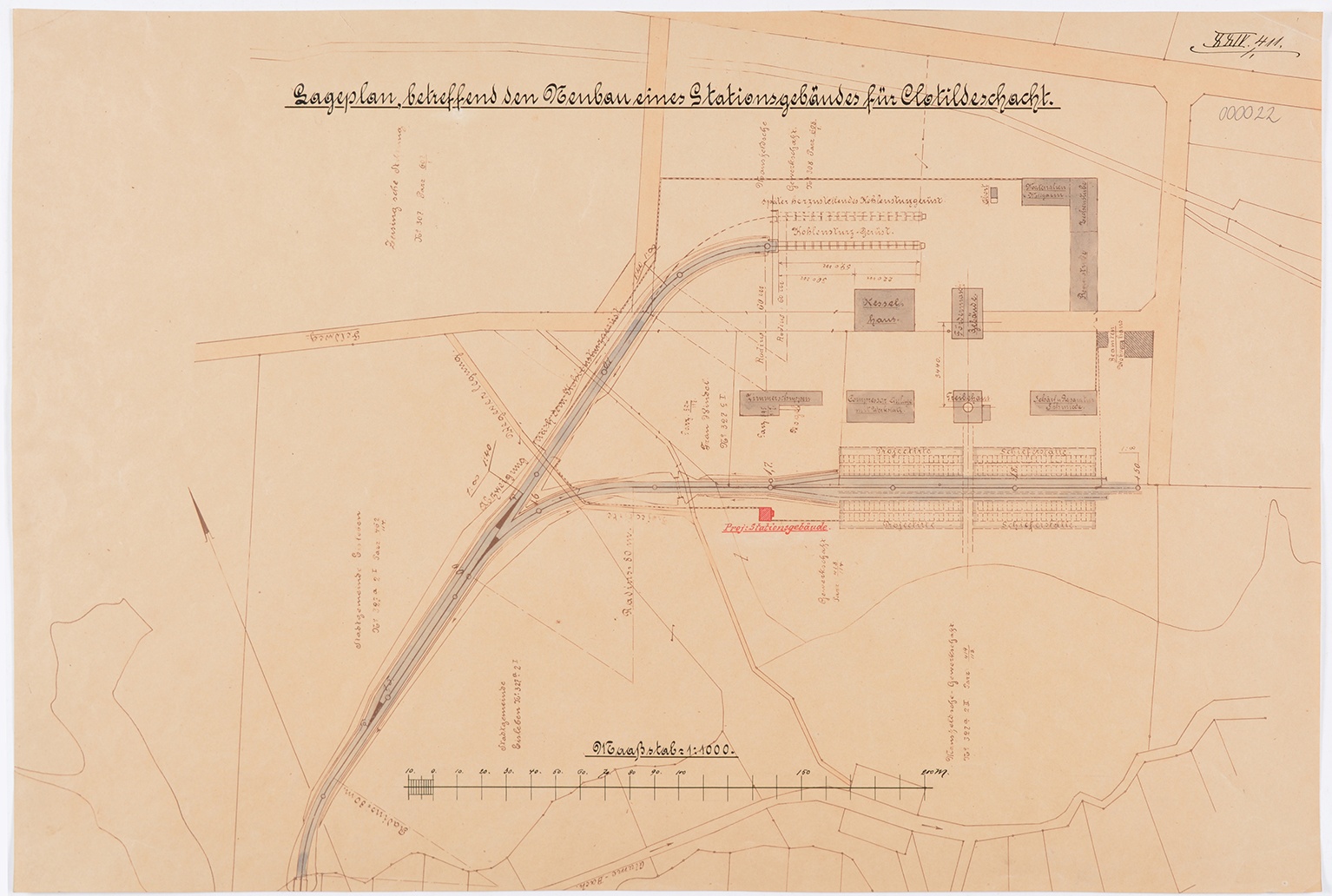 Lageplan betreffend den Neubau eines Stationsgebäudes für Clotildeschacht. (Mansfeld-Museum im Humboldt-Schloss CC BY-NC-SA)