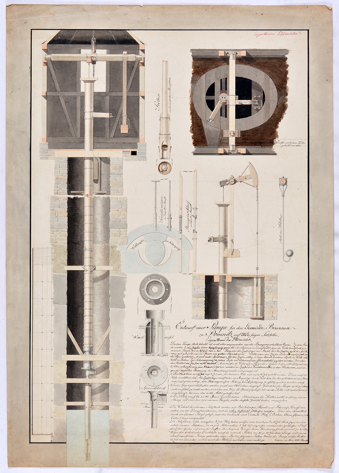 Entwurf einer Pumpe für den Gemeinde-Brunnen zu Pomnitz, auf 21 1/4 Ltr: saigere Satzhöhe. Eigentum des Plümicke. (Mansfeld-Museum im Humboldt-Schloss CC BY-NC-SA)