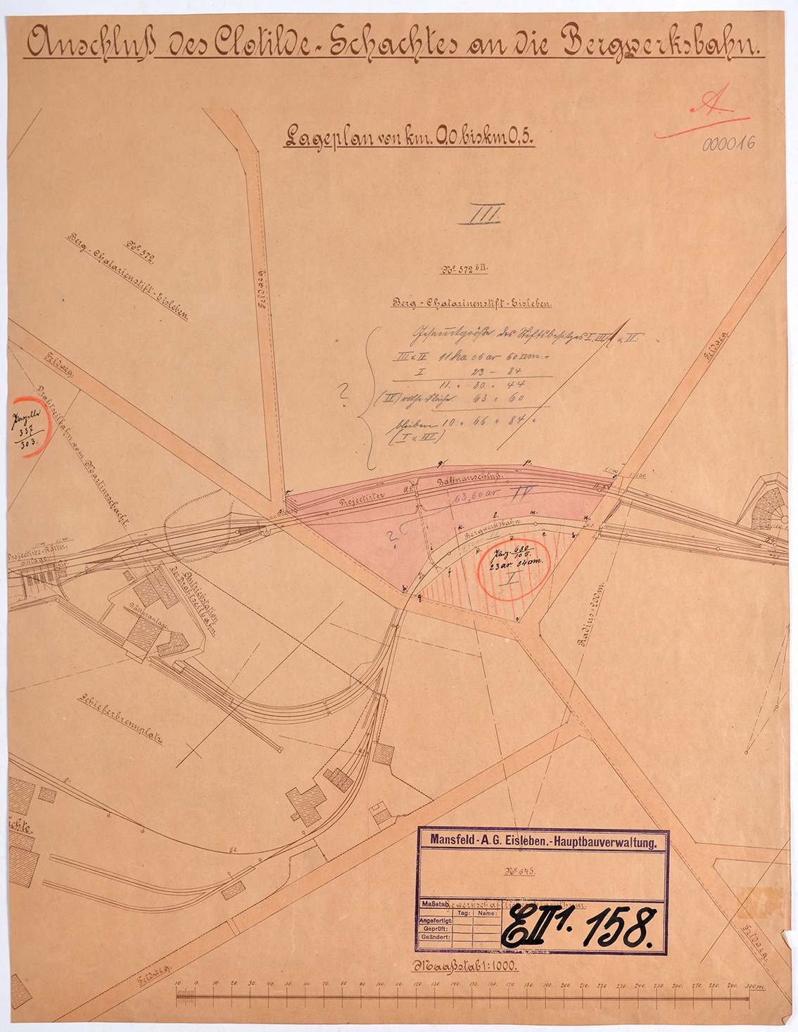 Anschluss des Clotilde-Schachtes an die Bergwerksbahn. Lageplan von km 0,0 bis km 0,5. (Mansfeld-Museum im Humboldt-Schloss CC BY-NC-SA)