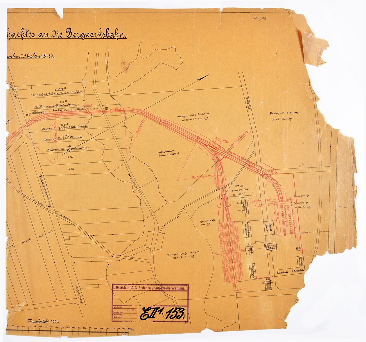 Anschluss des Clotilde-Schachtes an die Bergwerksbahn. Lageplan von km 0,5 bis km 1,8 + 50. (Mansfeld-Museum im Humboldt-Schloss CC BY-NC-SA)