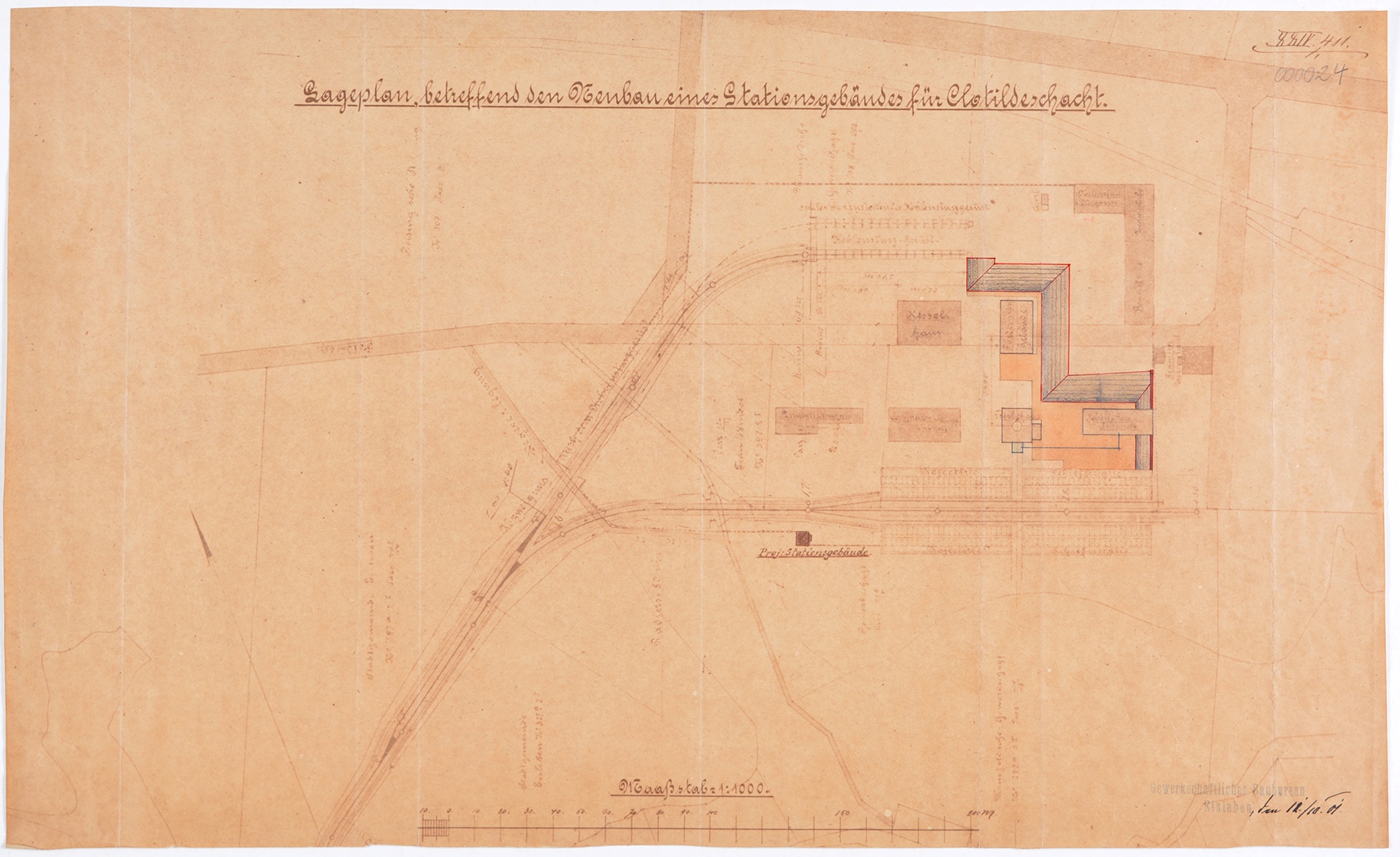 Lageplan betreffend den Neubau eines Stationsgebäudes für Clotildeschacht (Mansfeld-Museum im Humboldt-Schloss CC BY-NC-SA)