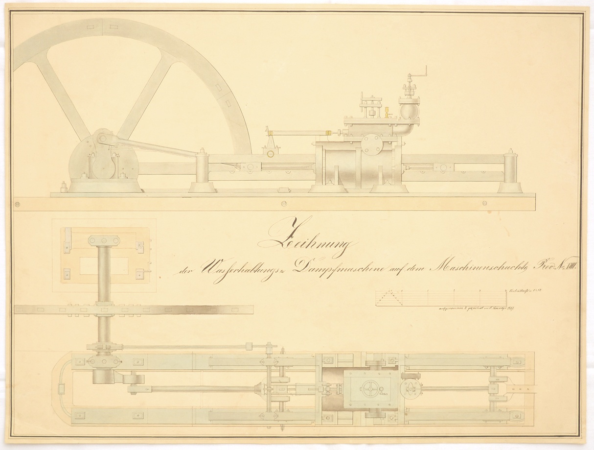 Zeichnung der Wasserhaltungs-Dampfmaschine auf dem Maschinenschacht Rev: No. VIII. (Mansfeld-Museum im Humboldt-Schloss CC BY-NC-SA)