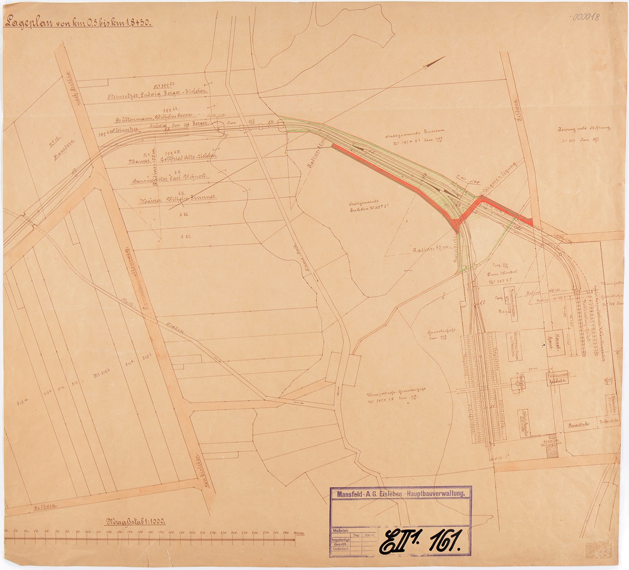 Lageplan von km 0,5 bis km 1,8 + 50. (Mansfeld-Museum im Humboldt-Schloss CC BY-NC-SA)