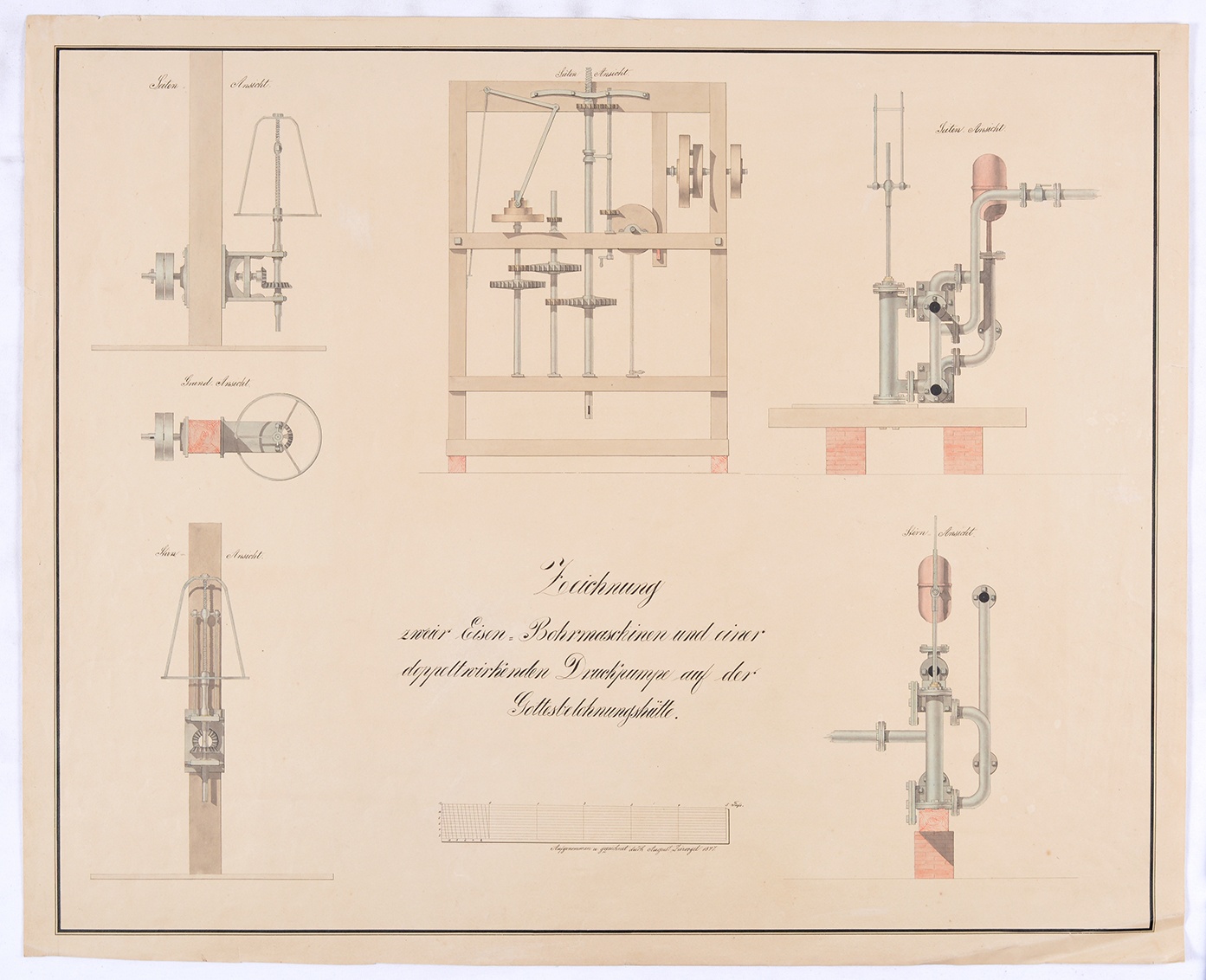 Zeichnung zweier Eisen-Bohrmaschinen und einer doppeltwirkenden Druckpumpe auf der Gottesbelohnungshütte. (Mansfeld-Museum im Humboldt-Schloss CC BY-NC-SA)