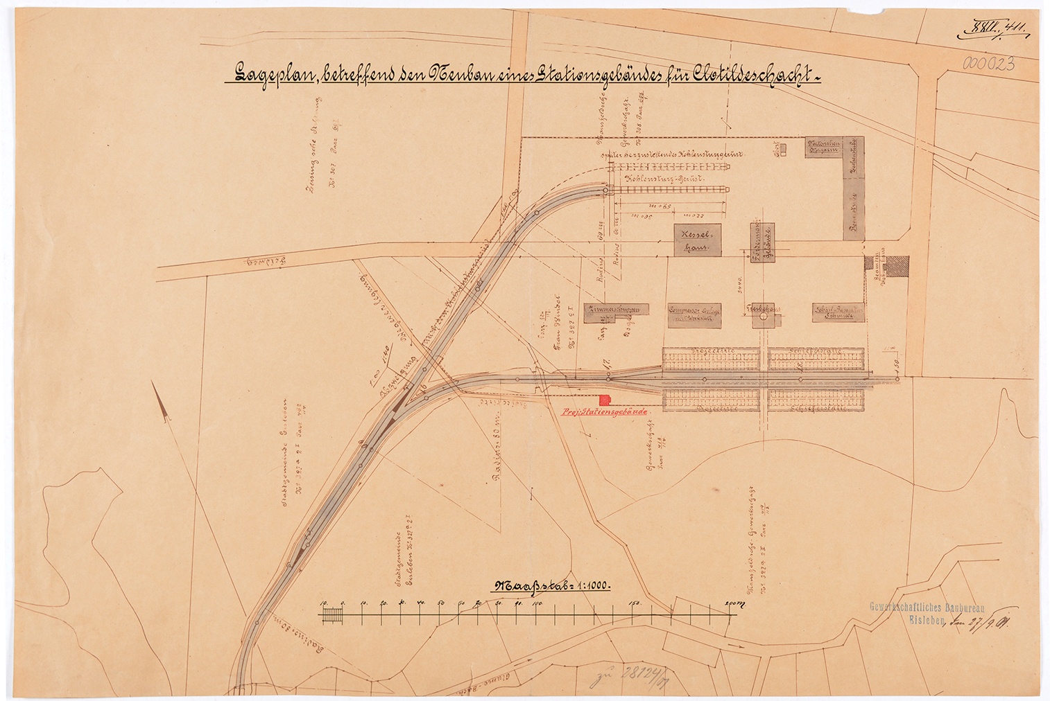 Lageplan betreffend den Neubau eines Stationsgebäudes für Clotildeschacht (Mansfeld-Museum im Humboldt-Schloss CC BY-NC-SA)