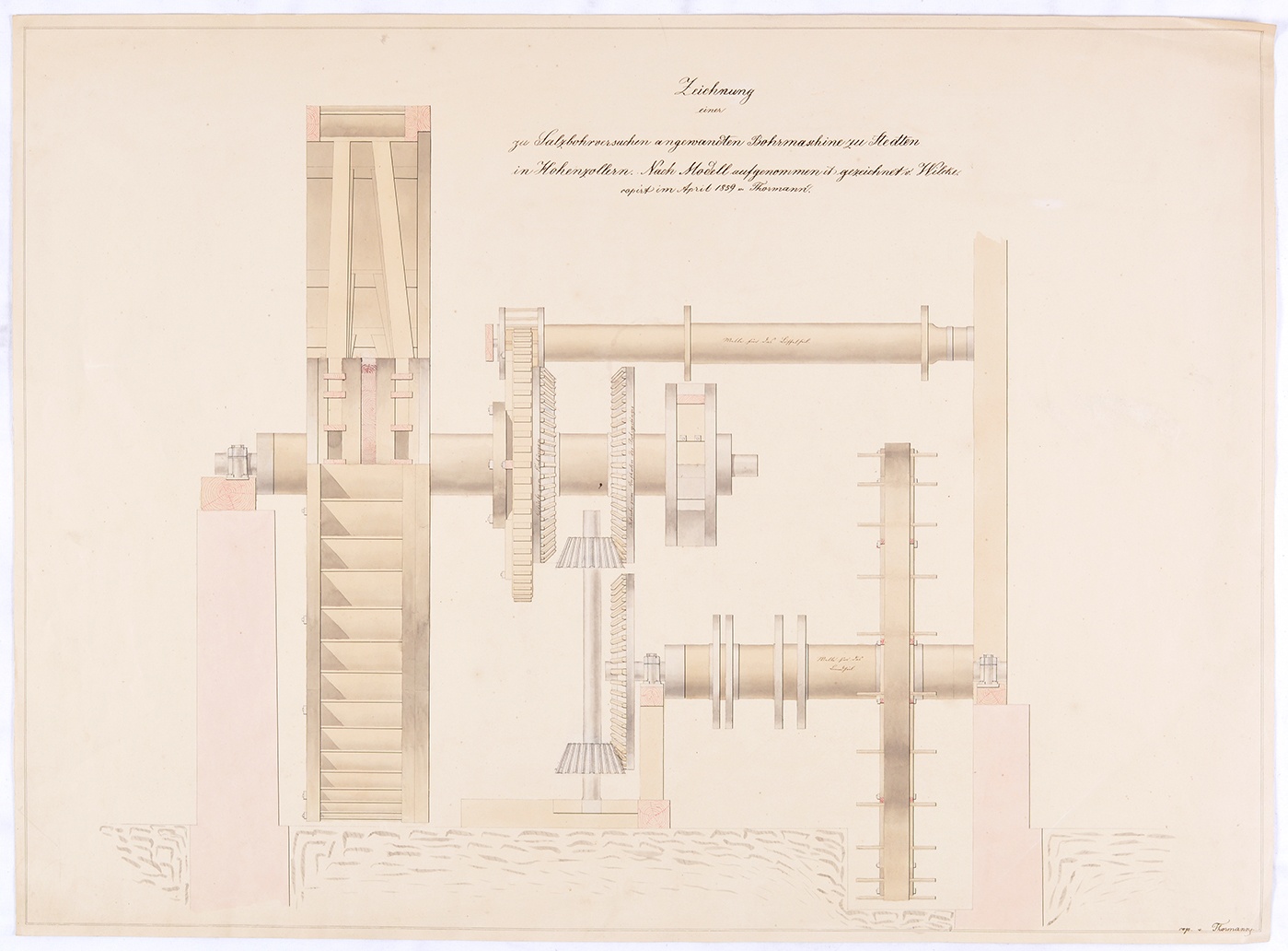 Zeichnung einer zu Salzbohrversuchen angewandten Bohrmaschine zu Stedten in Hohenzollern. Nach Modell aufgenommen et gezeichnet v. Wilcke. copiert im April 1859 (Mansfeld-Museum im Humboldt-Schloss CC BY-NC-SA)