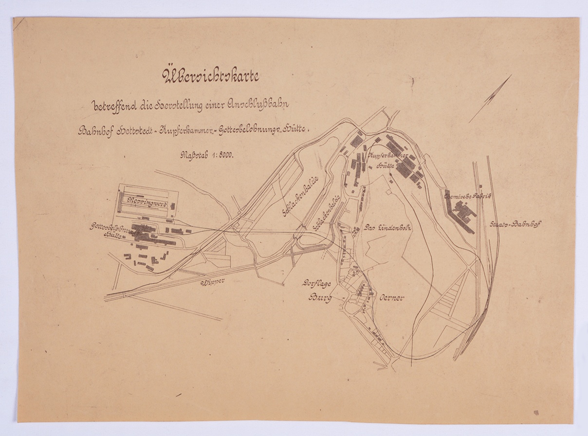 Übersichtskarte betreffend die Herstellung einer Anschlussbahn Bahnhof Hettstedt-Kupferkammer-Gottesbelohnungs-Hütte. (Mansfeld-Museum im Humboldt-Schloss CC BY-NC-SA)