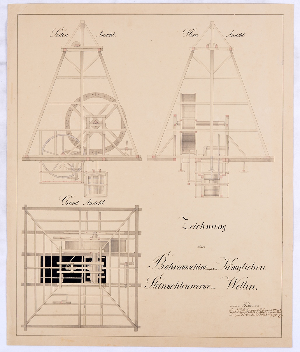 Zeichnung einer Bohrmaschine auf dem Königlichen Steinkohlenwerke zu Wettin. (Mansfeld-Museum im Humboldt-Schloss CC BY-NC-SA)