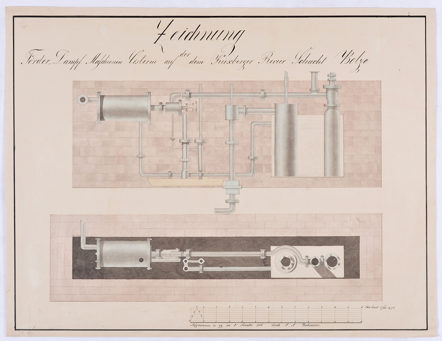 Zeichnung Förder- Dampf- Maschinen Cisterne auf der dem Kuxberger Revier Schacht Bolze (Mansfeld-Museum im Humboldt-Schloss CC BY-NC-SA)
