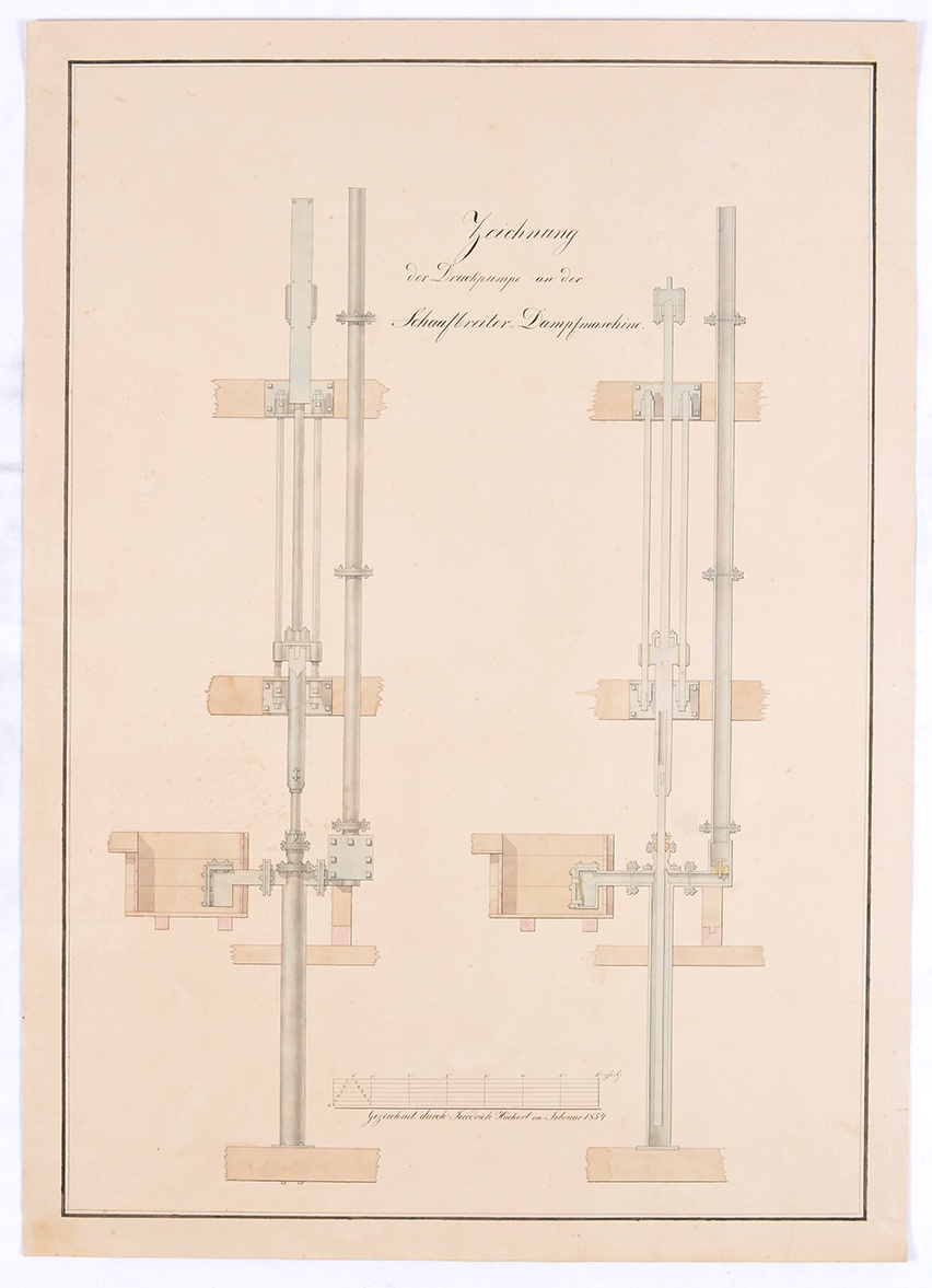 Zeichnung der Druckpumpe an der Schaafbreiter Dampfmaschine. (Mansfeld-Museum im Humboldt-Schloss CC BY-NC-SA)