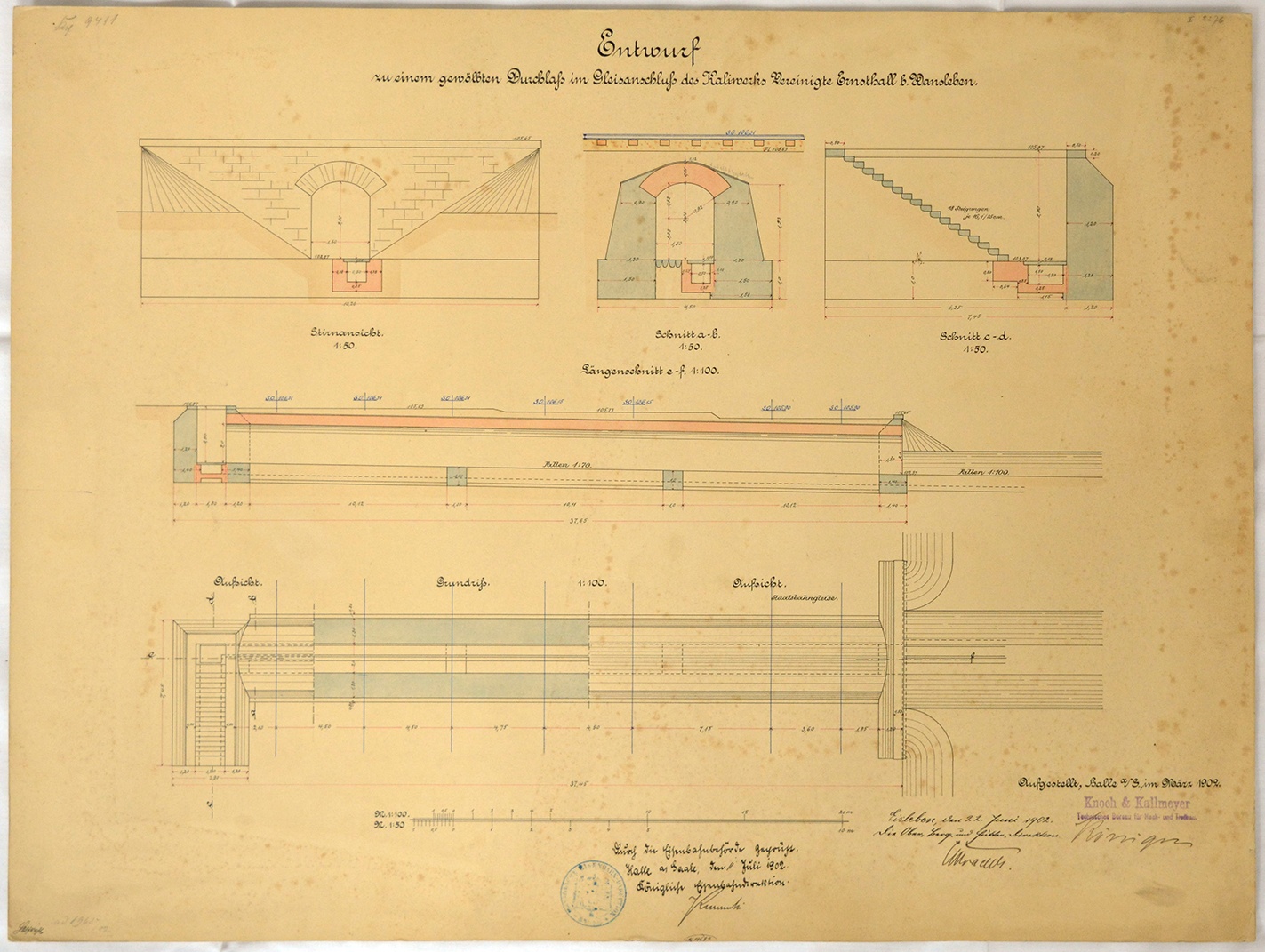 Entwurf zu einem gewölbten Durchlass im Gleisanschluss des Kaliwerks Vereinigte Ernsthall b. Wansleben. (Mansfeld-Museum im Humboldt-Schloss CC BY-NC-SA)